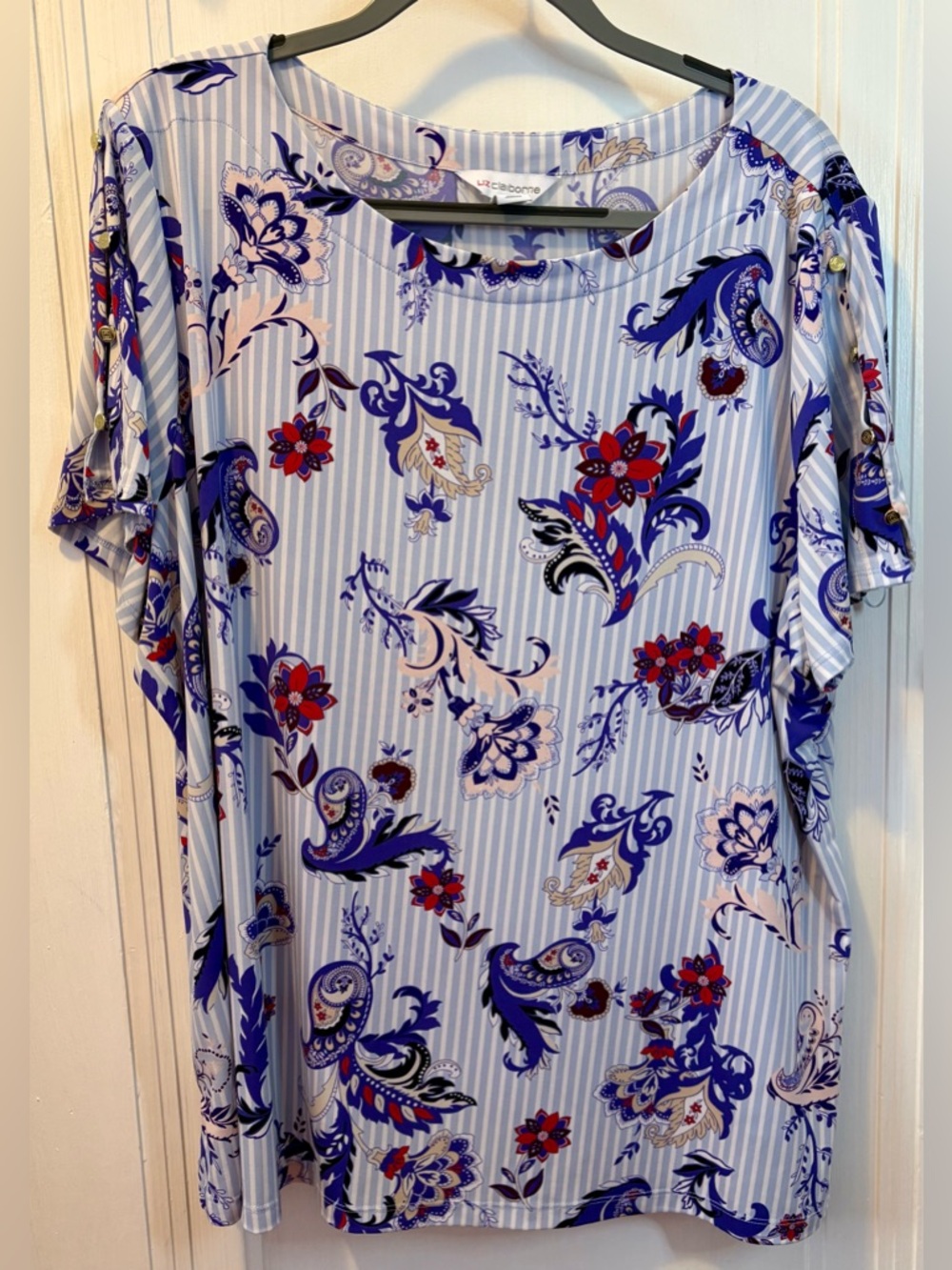 Liz Claiborne Blue and Red Paisley Floral Short Sleeve Tunic